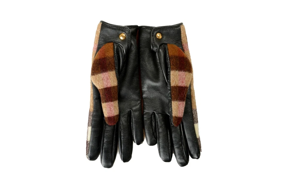 Burberry Women's "Victoria 3C CHK" Leather & Wool Check Gloves Sz 7 - Image 2 of 4