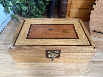 Handcrafted Oak Jewelry Keepsake Box Cedar Lined Rosewood Inlay Signed Wood Box