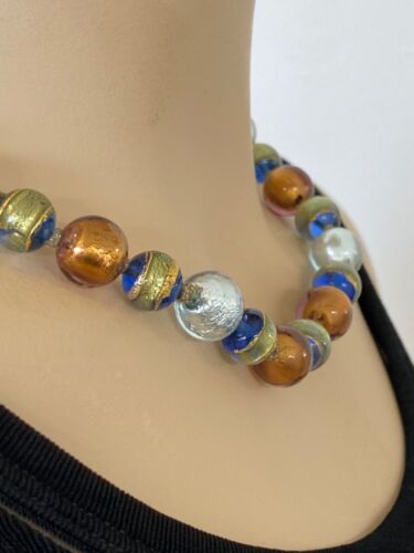 Murano Venetian Glass Foiled Beaded Necklace 14K Gold 585 Clasp See Video! - Afbeelding 1 van 19
