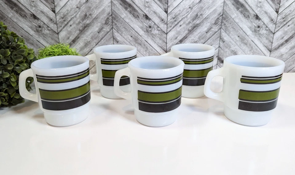 LOT Vintage 5 Fire-king Coffee Milk Glass MUG Olive green Stripes Anchor Hocking - Image 4 of 4
