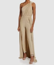 $795 Halston Women's Gold One Shoulder Walkthrough Shimmer Knit Jumpsuit Size 10