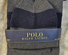 Polo Ralph Lauren Hat  Scarf Set Gray  Navy Blue, Embroidered Pony SHIPS FREE 