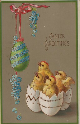 ''Easter Greetings'' Chicks Hatching From Eggs Gel Finish Postcard 1914