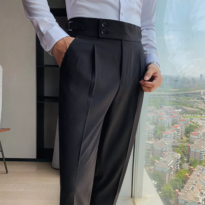 Men Retro Office High Waist Casual Suit Pants Straight Trousers Buckle Pants