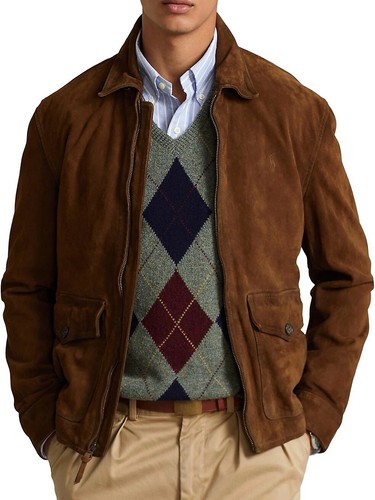 Size 2XL- Ralph Lauren Polo Men's Suede Irvin Leather Bomber Jacket, Brown. - Picture 1 of 7