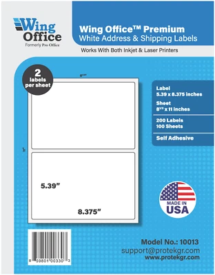 PRO OFFICE 2000 Wing Office Premium Shipping Labels Blank Self Adhesive Half Sheet USA