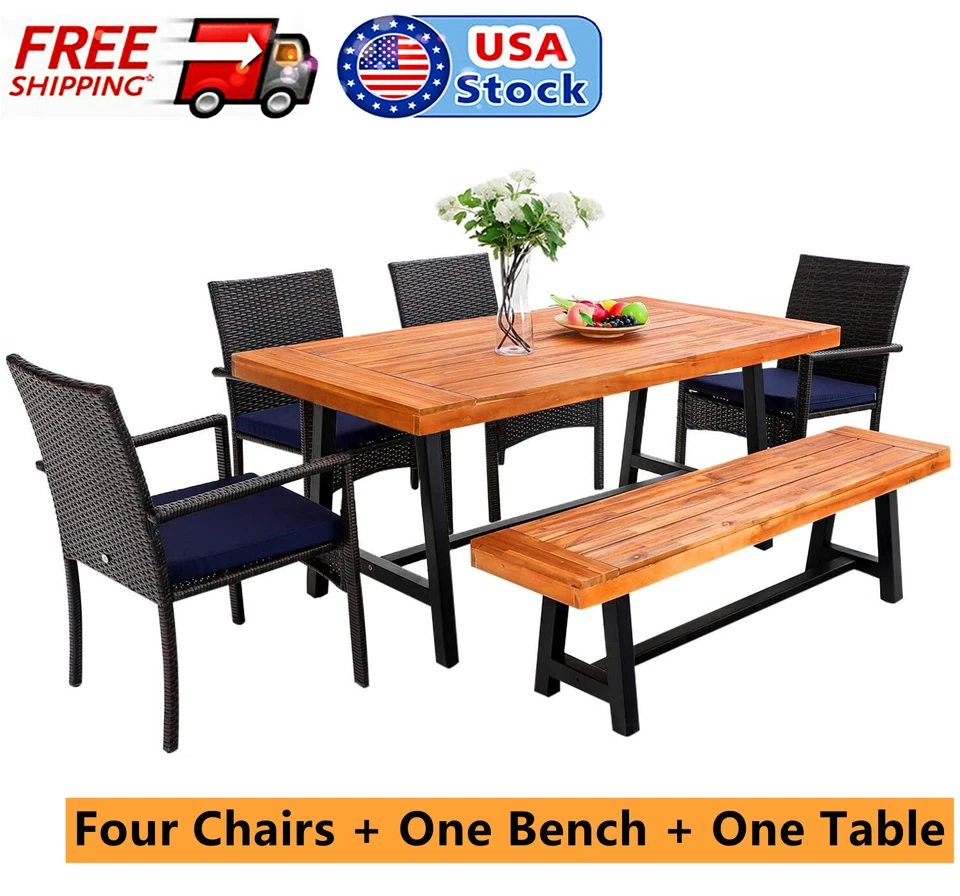 Conjunto de móveis de jantar de vime para pátio mesa de madeira cadeira de vime para área externa 7 peças - Imagem 2 de 4