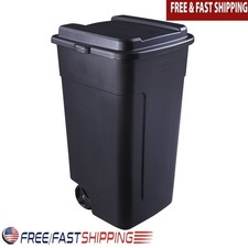 Wheeled 50 Gallon Trash Can Outdoor Heavy Duty Shatterproof Garbage Bin W/ Lid