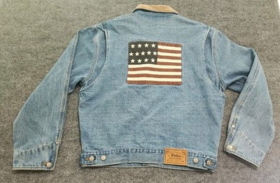 Vintage Polo Ralph Lauren Blue Denim American Flag Jacket w/ Corduroy Collar ~ M