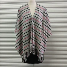 Talbots Plaid Fringed Poncho Womens M/L Gray Pink Cape Shawl Softgirl Boho 