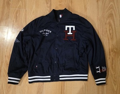 Tommy Hilfiger TH Patch Varsity Letterman Jacket Navy Blue Size XL Like New