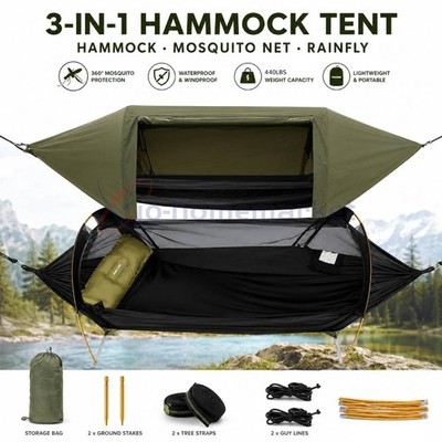 Camping Hammock Tent with Mosquito Net & RainFly, 3 in 1 Portable Hammock Green