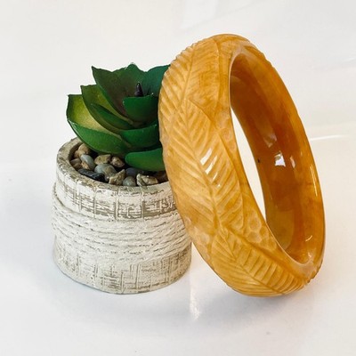 Hand-engraved bracelet Egg Yolk Bangle made from Natural Baltic Amber, Engraved