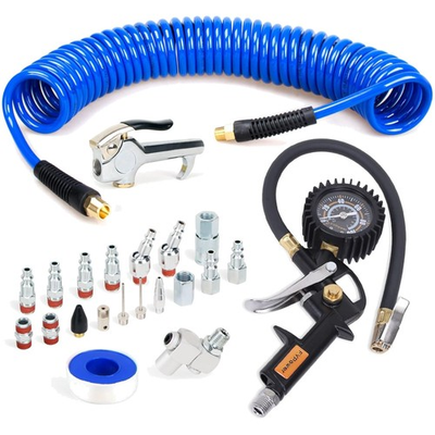 #ad Complete 22 Piece Air Tool Set Includes 25ft Recoil Hose amp; Heavy Duty Blow Gun $60.19