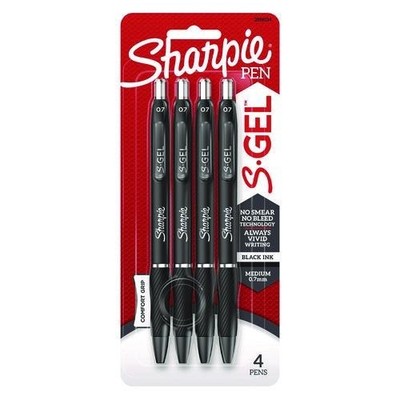 Sharpie S-Gel Gel Pen, Retractable, Medium 0.7 mm, Black Ink & Barrel, 4/Pack