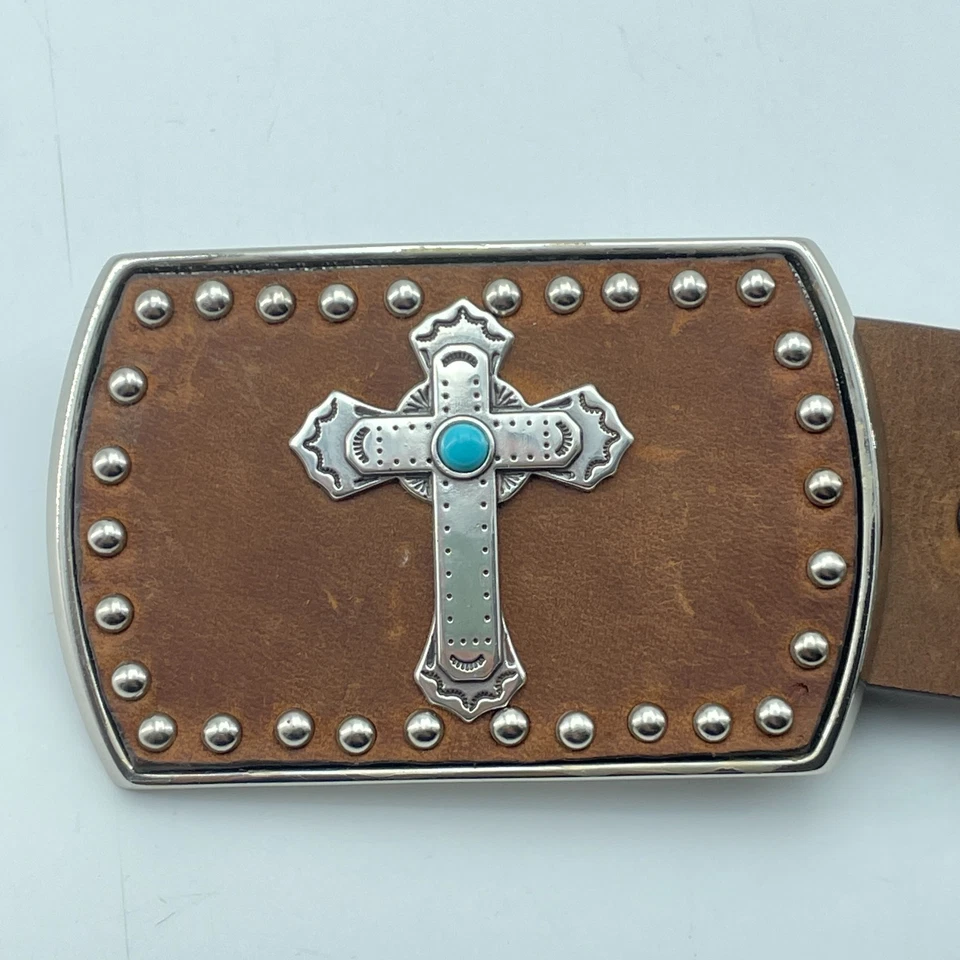 JUSTIN Leather Belt Womens 34 Brown Western Cross Turquoise Studded Buckle NEW - Image 2 of 4