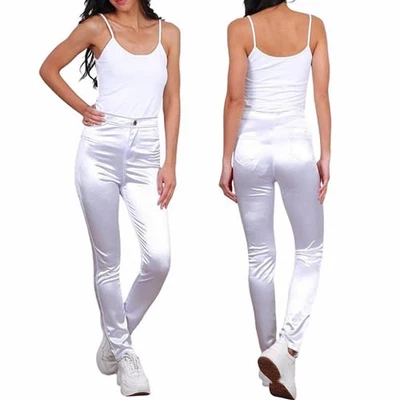 Damen Satin High Waist Röhrenhose Skinny Stoff Hose Stretchhose Slim Fit Weiß - Bild 1 von 4