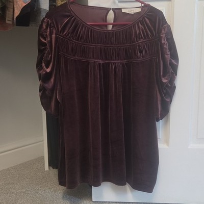 LOFT Rich Royal Purple Velvet Blouse Ruched Cinched Sleeve - Size XXL