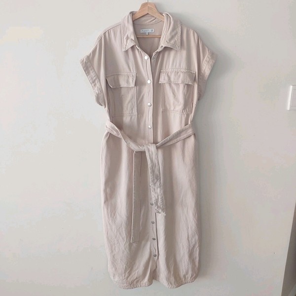 Decjuba Denim Maxi Dress Size 14 Beige 100% Cotton Pockets Long Belt