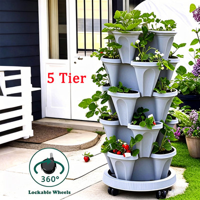 Vertical Planter 5 Tier Stackable Planters with Wheels & Tools Garden Tower Pot