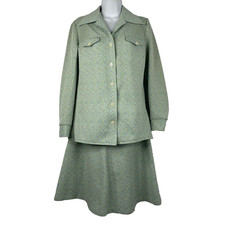 Vintage 70s Jacket Skirt Set Size 7/8 Green Pink Flecked Tweed Print Polyester