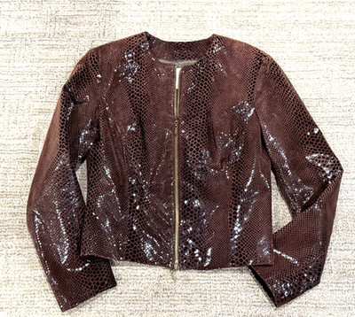 CACHE BROWN SNAKE EMBOSS LEATHER FRONT BRASS ZIP MOTO JACKET WAIST WOMEN S 4 EUC