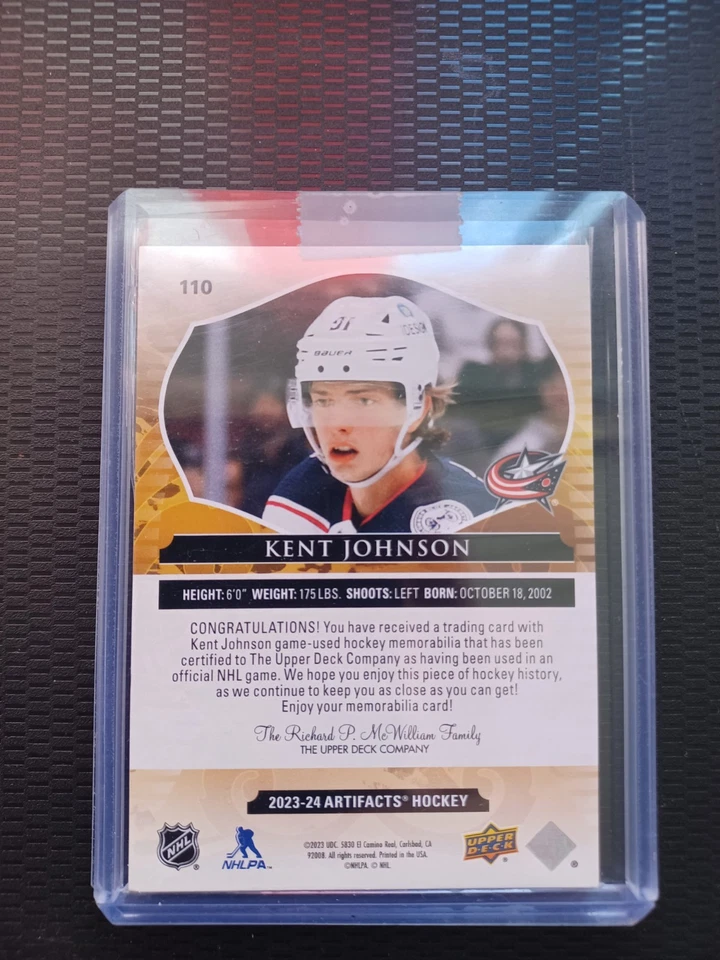 2023-24 Kent Johnson #23/35 Upper Deck NHL Artifacts - 3 Color Dual Patch #110 - Image 3 of 4