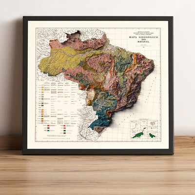 Brazil Map, Brazil 2D Relief Map, Brazil Vintage Map - 2D Flat Print