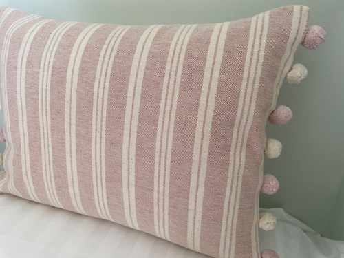 Susie Watson Cambridge Stripe Pale Rose /Plain Back Pom Pom cushion cover - Picture 3 of 3