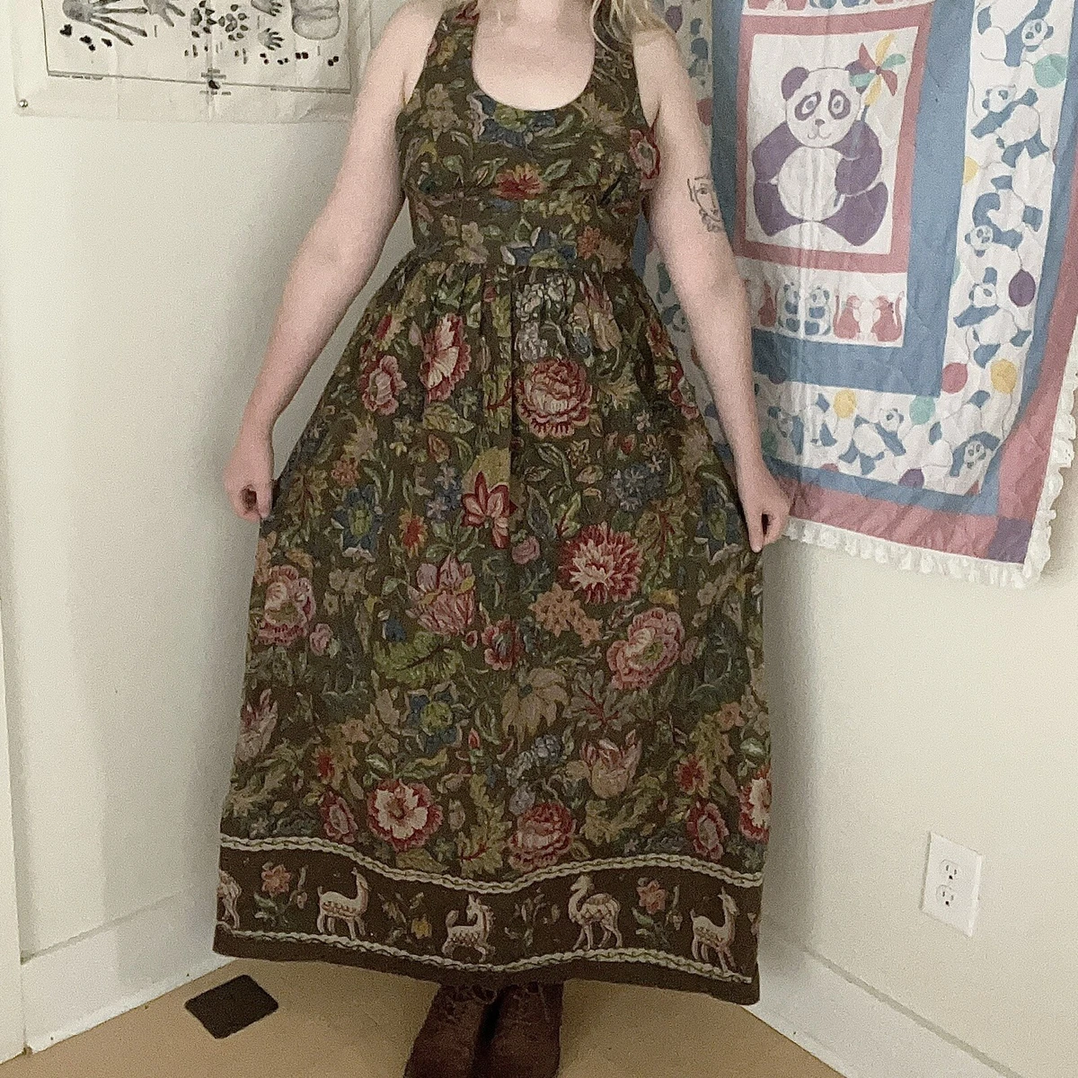 Young Edwardian Arpeja Tapestry Halter Dress Folk Print Deer Boho