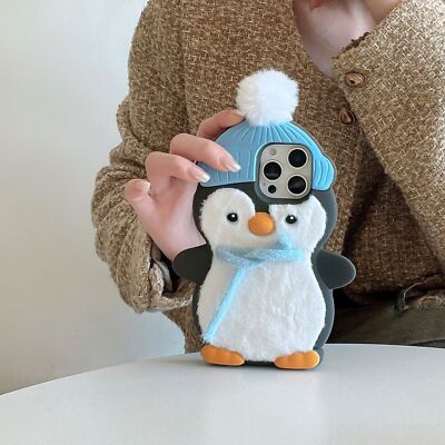 For iPhone 16 15 14 13 Plush scarf penguin 3D New Cute Silicone Phone Case Cover