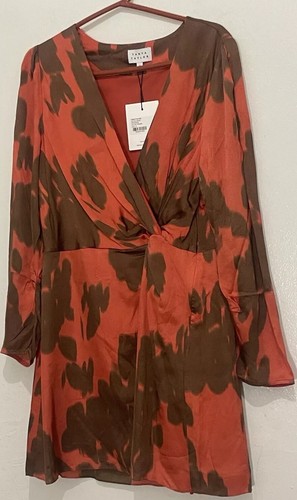 Tanya Taylor Olivia Twist Crinkled Satin Mini Dress  Persimmon Multi Sz 12 NWT