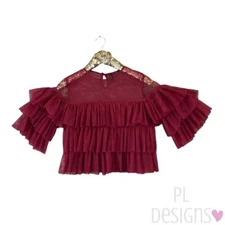 SAN JOY Maroon Tulle Sheer Tiered Ruffle Statement Top Size Medium