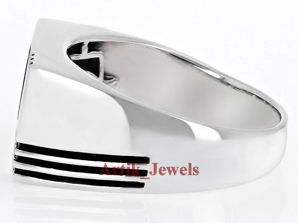 Ojo de tigre natural y esmalte negro con anillo de plata enchapado en oro blanco de 14K para hombre Foto 3 de 4