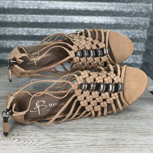 B Makowsky Anna Sandal Taupe Leather Weave Platform Formal Shoe Zip Heel Size 6 - 第 7/9 張圖片