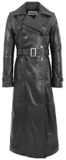 Womens Full Length Black Leather Trench Coat Slim Fit Ankle Long Length Sharon