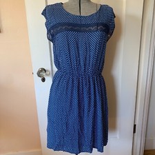 American Rag blue & white polka dot dress M lace insert pockets boho travel 