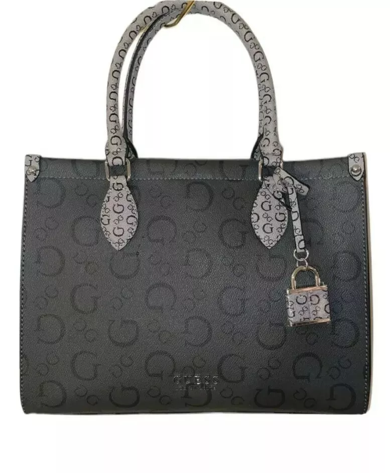 GUESS LOGO Purse Satchel Hand Bag Gray Black Red inside Oak Park Coal Large