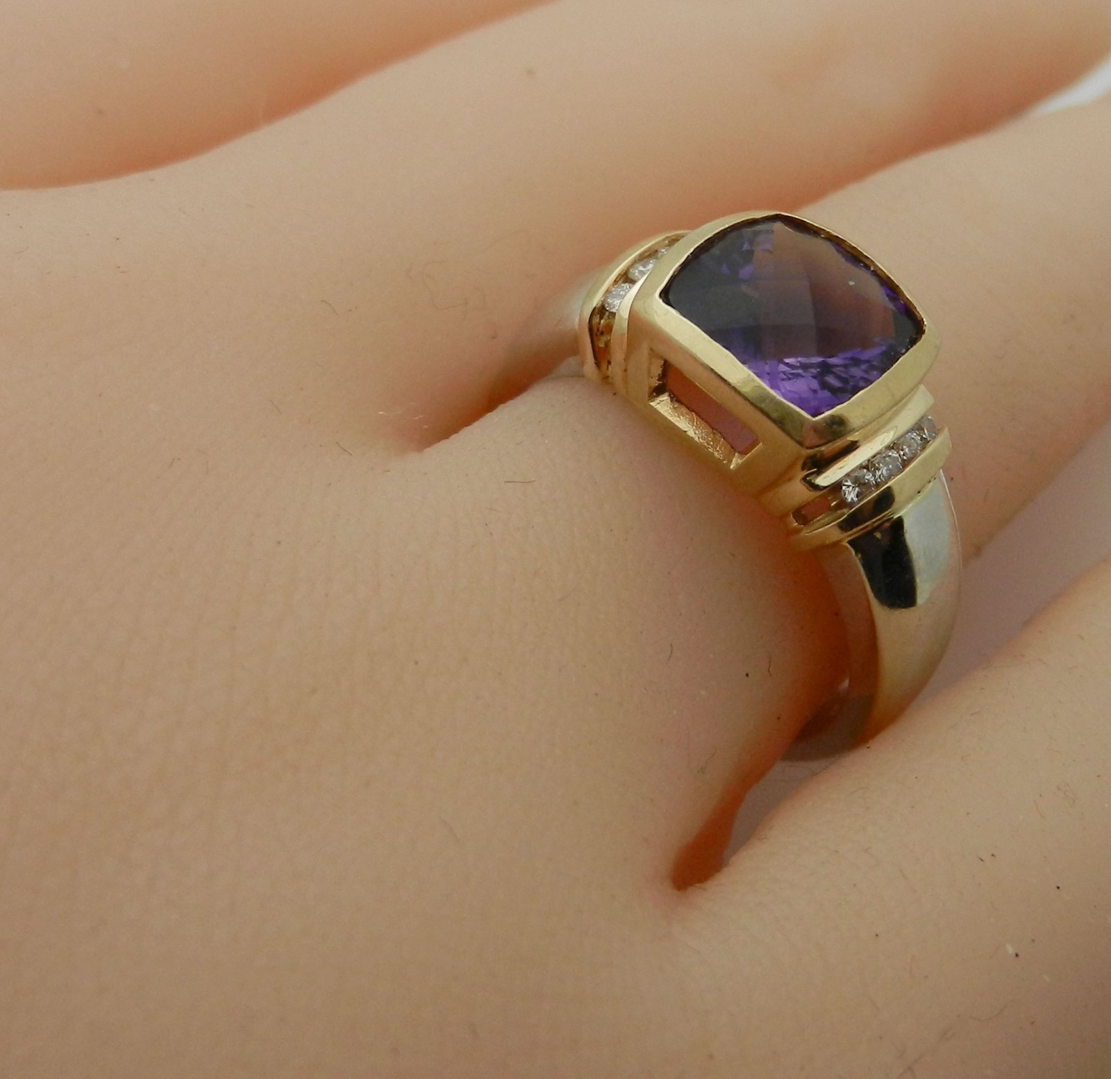 Solid 14k Gold Checkerboard Amethyst Ring with Di… - image 2