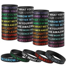 QEERBSIN 60 Pcs Motivational Quote Rubber Wristbands – 2.3 inches, black 