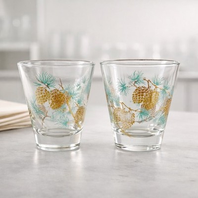 Vintage Libbey MCM David Douglas Turquoise Pinecone Glasses Lowball Set of 2