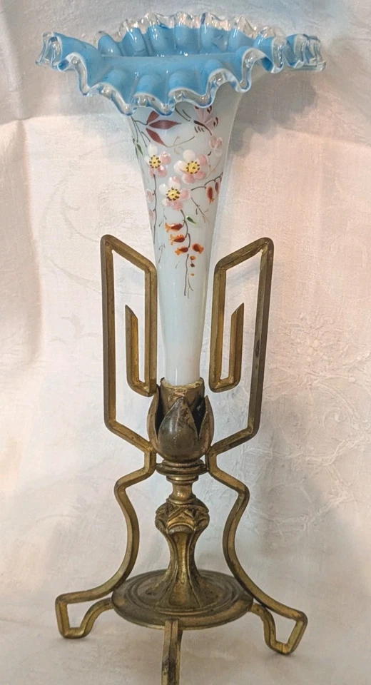 VICTORIAN Napoleon lll 9" Enamel Hand Paint flowers Blue Ruffled Vase Brass base - Image 2 of 4