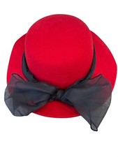 Vintage Red Wool Felt Hat Black Sheer Ribbon Bow XS Made in USA