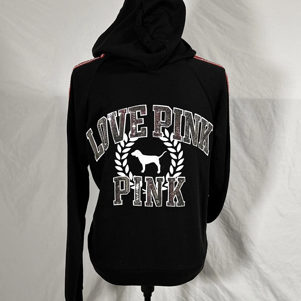 Victoria's Secret 粉色连帽慢跑裤套装女式中号/小号亮片爱粉色 — 第 3/4 张图片