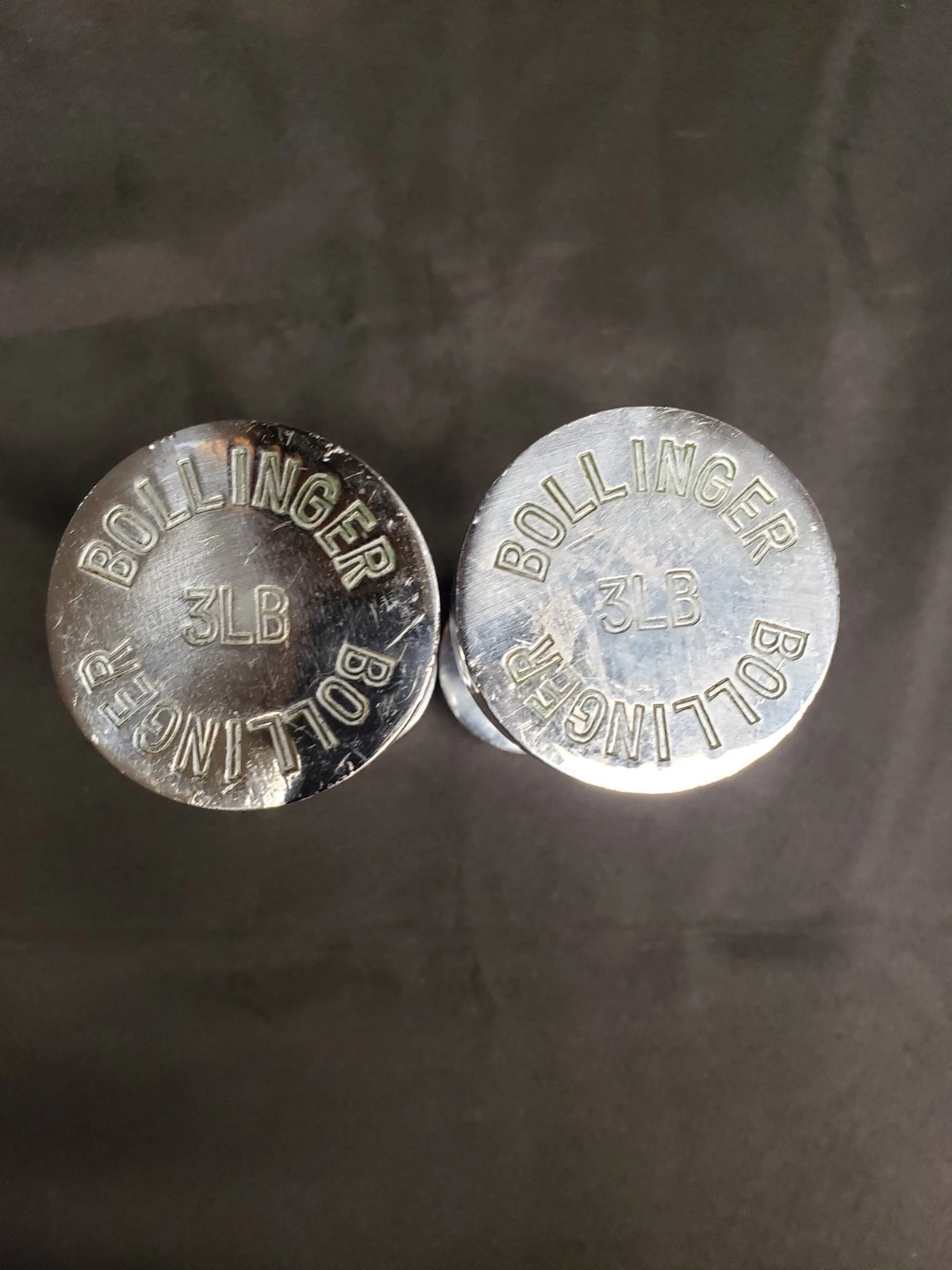 Pair of Vintage 3 LB Bollinger Chrome Metal Running Weights Dumbbells Threaded