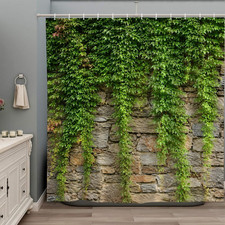 Stone Brick Wall Shower Curtain Green Leaves Garden Landscape Nature Plant Scene