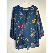 Floral Tie-Neck Blouse - Teal Multi