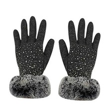 JUMISEE Women Luxurious Rhinestones Winter Gloves Warm Fleece Lined Grey