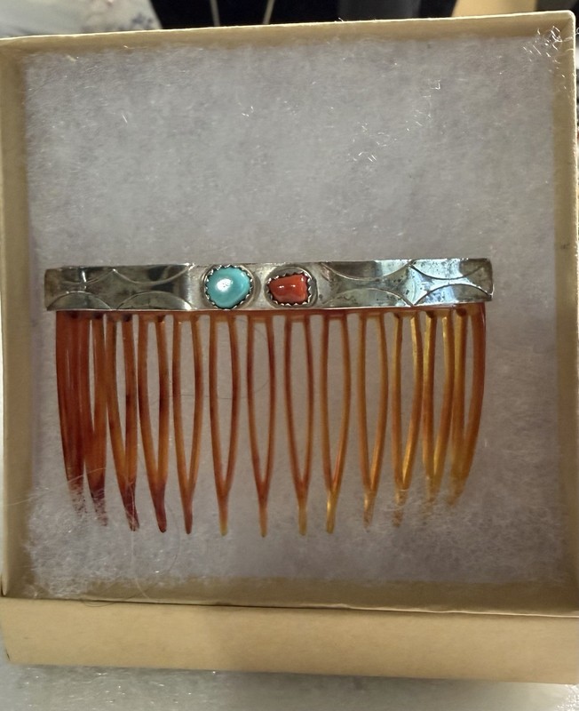 Native American Hair Barrette Comb Turquoise And Coral Sterling Bar Across Top 