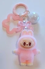 Too Cute! LABUBU PINK FURRY Keychain Key Ring Collectible Clip On Bag Charm